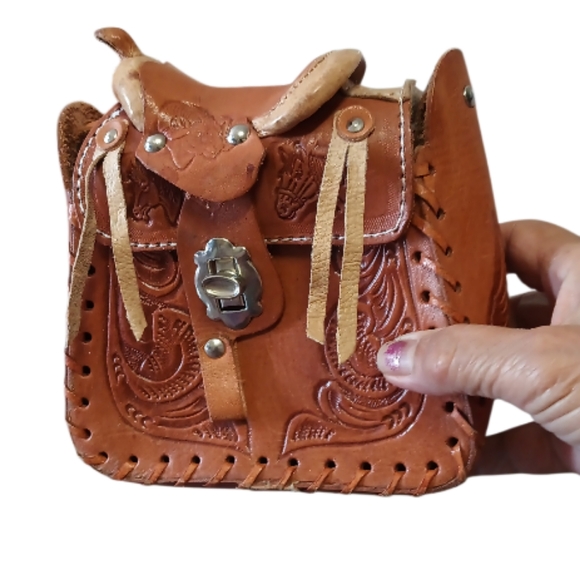 Vintage Handbags - Handmade Sheepskin Leather Brown  Horse Saddle Bag.